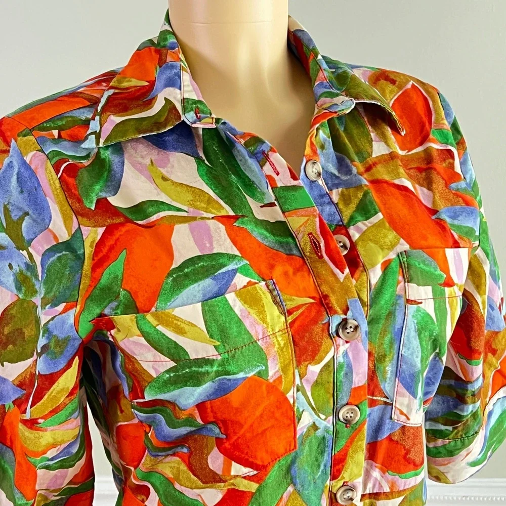Karlie Romper Sz S Women Tropical Leaf Button Front Elbow Sleeve Multicolor Romp